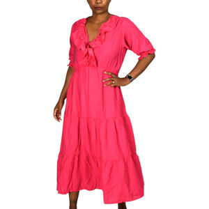 Zara Frilly Dress Pink Bright Hot Fuchsia Midi Tiered Romantic Ruffle Neck Large